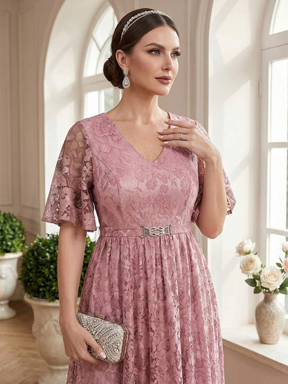 Ligne A/Princesse Col en V Manches Courtes Longueur du sol Robes Mère de la Mariée avec Dentelle & Ceinture