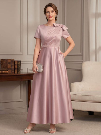 Robes Mère de la Mariée Ligne A/Princesse Longueur Cheville, Col Rond, Manches Courtes avec Nœud & Plis