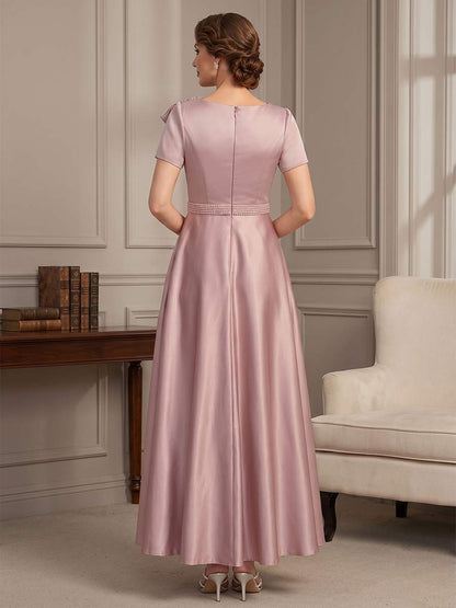 Robes Mère de la Mariée Ligne A/Princesse Longueur Cheville, Col Rond, Manches Courtes avec Nœud & Plis