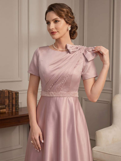 Robes Mère de la Mariée Ligne A/Princesse Longueur Cheville, Col Rond, Manches Courtes avec Nœud & Plis
