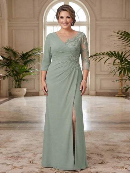 Robe de Mère de la Mariée Grande Taille Coupe Fourreau/Gaine à Col Rond, Manches 3/4, Longueur au Sol avec Fente Latérale & Appliques