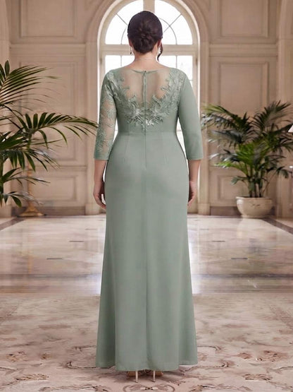 Robe de Mère de la Mariée Grande Taille Coupe Fourreau/Gaine à Col Rond, Manches 3/4, Longueur au Sol avec Fente Latérale & Appliques