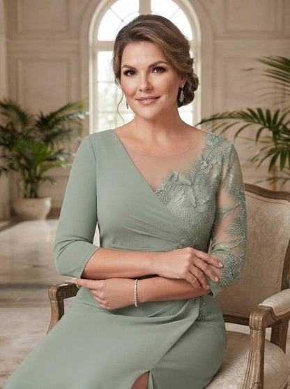 Robe de Mère de la Mariée Grande Taille Coupe Fourreau/Gaine à Col Rond, Manches 3/4, Longueur au Sol avec Fente Latérale & Appliques