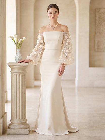 Robe Habillée Sirène/Trompette À Épaules Dénudées et Manches Bouffantes Longueur Sol avec Motif Floral en 3D