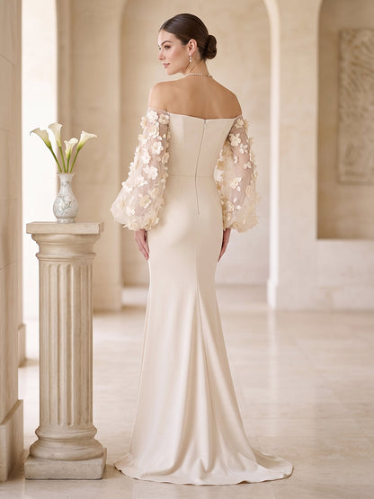 Robe Habillée Sirène/Trompette À Épaules Dénudées et Manches Bouffantes Longueur Sol avec Motif Floral en 3D