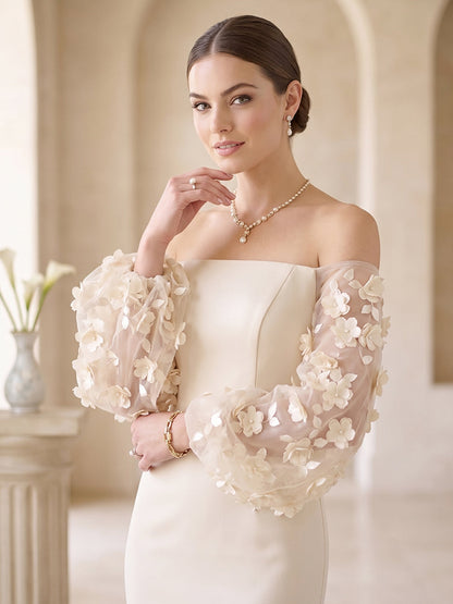Robe Habillée Sirène/Trompette À Épaules Dénudées et Manches Bouffantes Longueur Sol avec Motif Floral en 3D