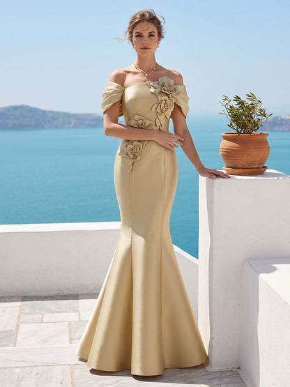 Robe Habillée Sirène/Trompette À Épaules Dénudées Sans Manches Longueur Sol avec Motif Floral en 3D