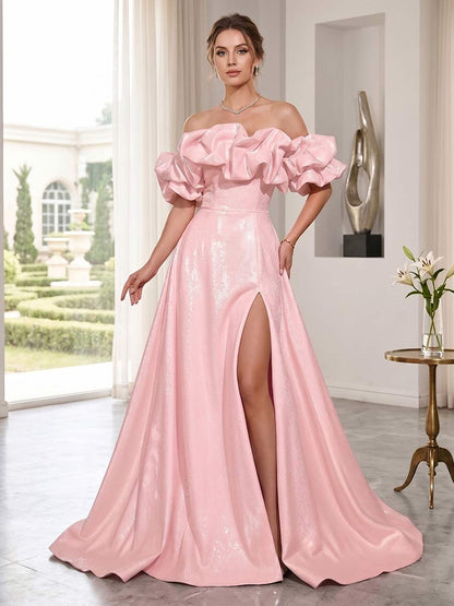 Robe de Bal Trapèze/Princesse À Épaules Dénudées Sans Manches Longueur Sol avec Fente Latérale et Paillettes