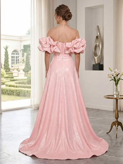 Robe de Bal Trapèze/Princesse À Épaules Dénudées Sans Manches Longueur Sol avec Fente Latérale et Paillettes