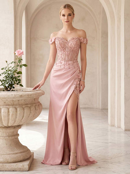 Robe de Bal Fourreau/Colonne À Épaules Dénudées Sans Manches Longueur Sol avec Fente Latérale et Appliqués