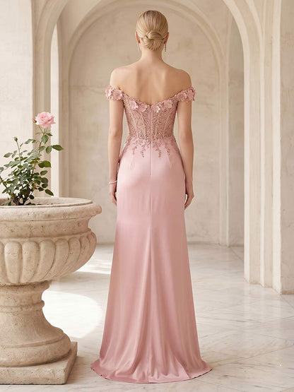 Robe de Bal Fourreau/Colonne À Épaules Dénudées Sans Manches Longueur Sol avec Fente Latérale et Appliqués