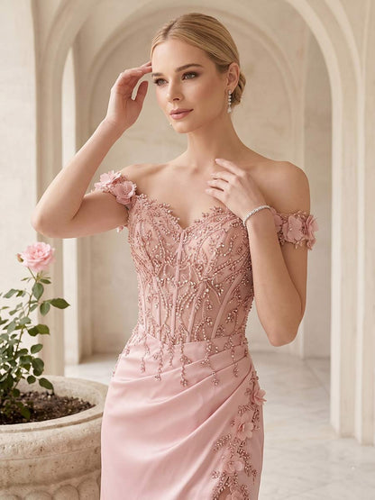 Robe de Bal Fourreau/Colonne À Épaules Dénudées Sans Manches Longueur Sol avec Fente Latérale et Appliqués