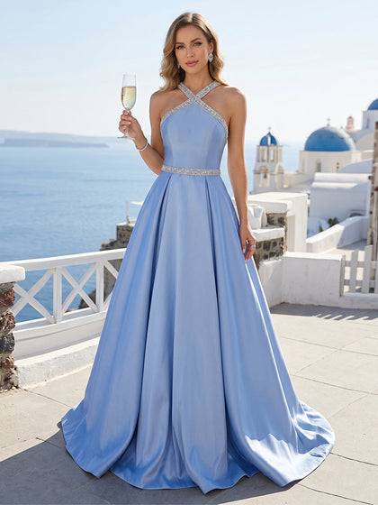 Robe Habillée Trapèze/Princesse Col Licou Sans Manches Longueur Sol avec Perlage et Plis