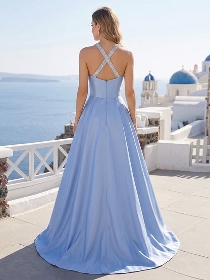 Robe Habillée Trapèze/Princesse Col Licou Sans Manches Longueur Sol avec Perlage et Plis