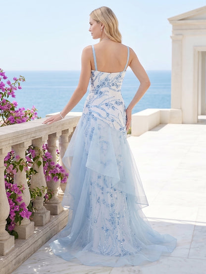 Robe Habillée Sirène/Trompette à Bretelles Fines Sans Manches Longueur Sol avec Appliqués et Paillettes