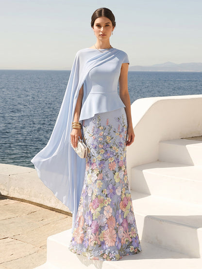 Robe Habillée Fourreau/Colonne Col Rond à Manches Courtes Longueur Sol avec Cape et Motif Floral en 3D