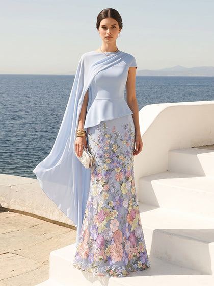 Robe Habillée Fourreau/Colonne Col Rond à Manches Courtes Longueur Sol avec Cape et Motif Floral en 3D