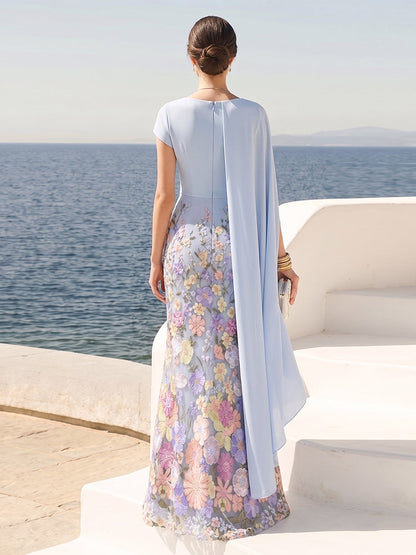 Robe Habillée Fourreau/Colonne Col Rond à Manches Courtes Longueur Sol avec Cape et Motif Floral en 3D