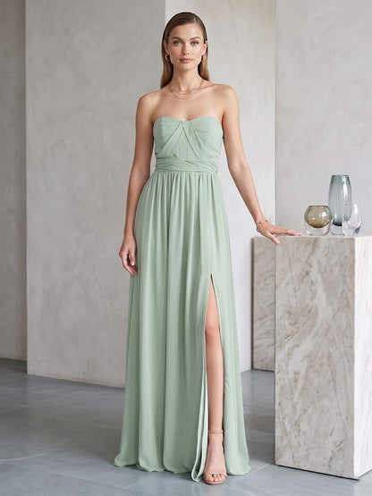 Robe de Demoiselle d'Honneur Trapèze/Princesse Bustier Longueur Sol avec Fente Latérale et Fronces