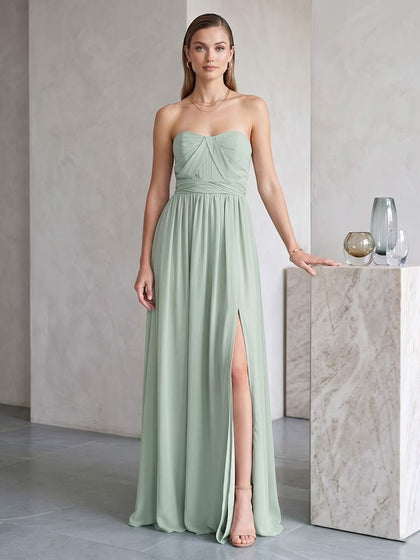 Robe de Demoiselle d'Honneur Trapèze/Princesse Bustier Longueur Sol avec Fente Latérale et Fronces