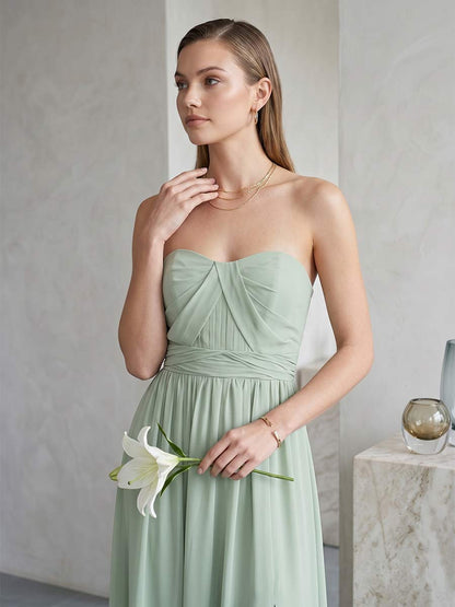 Robe de Demoiselle d'Honneur Trapèze/Princesse Bustier Longueur Sol avec Fente Latérale et Fronces