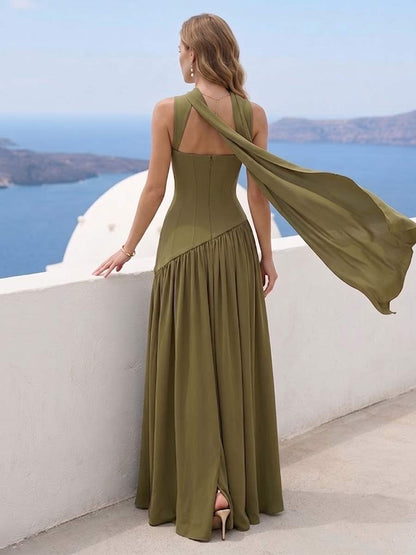 Robe de Demoiselle d'Honneur Trapèze/Princesse Encolure Carrée Sans Manches Longueur Sol avec Fente Latérale et Plis