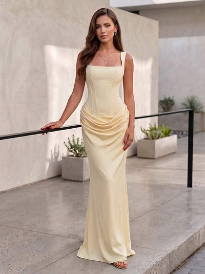 Robe de Demoiselle d'Honneur Fourreau/Colonne Encolure Carrée Sans Manches Longueur Sol à Fronces