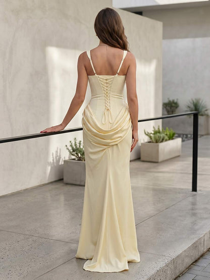 Robe de Demoiselle d'Honneur Fourreau/Colonne Encolure Carrée Sans Manches Longueur Sol à Fronces
