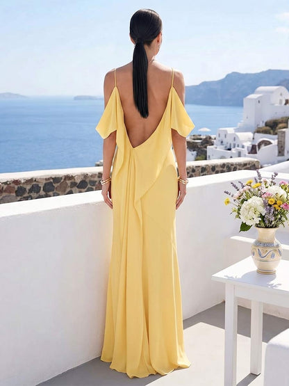 Robe de Demoiselle d'Honneur Fourreau/Colonne à Bretelles Fines et Épaules Dénudées Longueur Sol à Volants