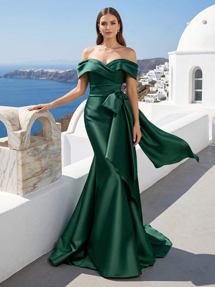 Robe Habillée Sirène/Trompette À Épaules Dénudées Sans Manches Longueur Sol avec Nœud