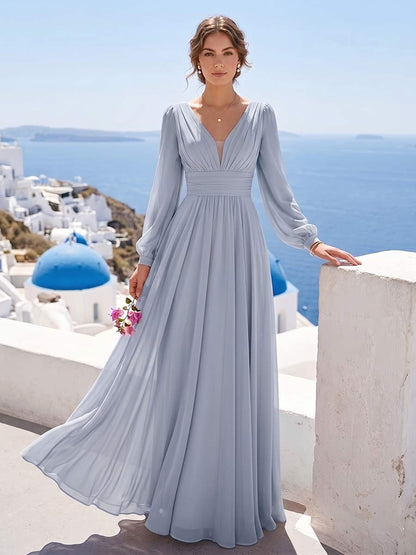 Robe de Demoiselle d'Honneur Trapèze/Princesse Col en V à Manches Longues Longueur Sol à Fronces