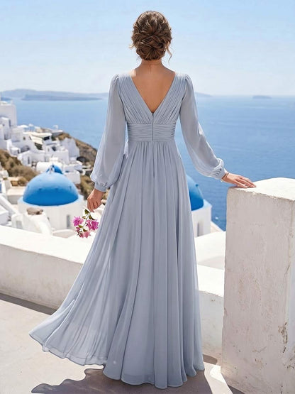 Robe de Demoiselle d'Honneur Trapèze/Princesse Col en V à Manches Longues Longueur Sol à Fronces
