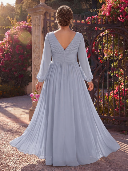 Robe de demoiselle d'honneur grande taille longue en mousseline, coupe trapèze/princesse, col en V, manches longues, avec détails drapés