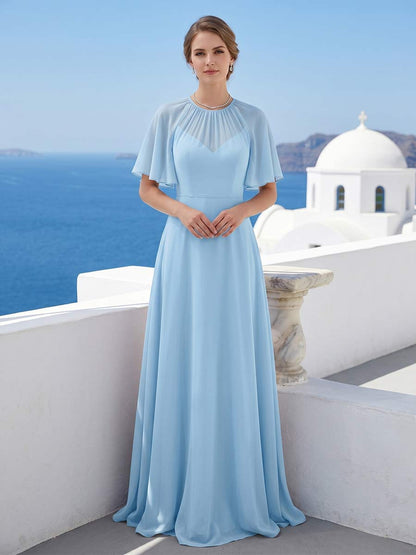 Robe de Demoiselle d'Honneur Trapèze/Princesse Encolure Arrondie à Manches Courtes Longueur Sol à Volants
