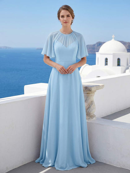Robe de Demoiselle d'Honneur Trapèze/Princesse Encolure Arrondie à Manches Courtes Longueur Sol à Volants