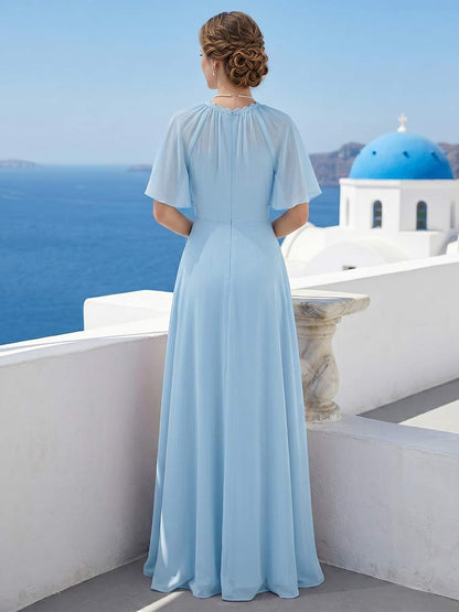 Robe de Demoiselle d'Honneur Trapèze/Princesse Encolure Arrondie à Manches Courtes Longueur Sol à Volants