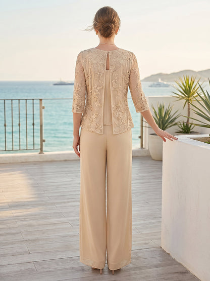 Combinaison 2 Pièces Mère de la Mariée Col en V à Manches 3/4 Longueur Sol avec Dentelle et Appliqués