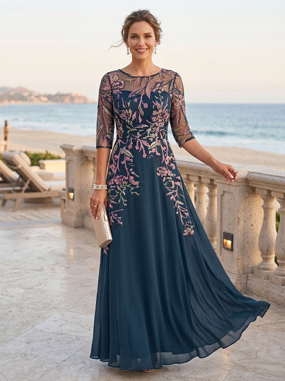 Robe Mère de la Mariée Trapèze/Princesse Col Rond à Manches 3/4 Longueur Sol avec Broderie et Appliqués
