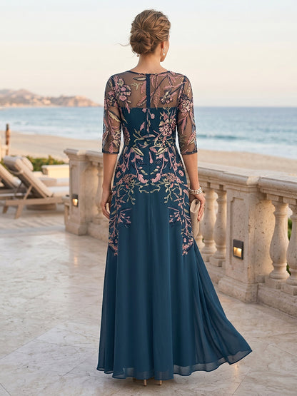 Robe Mère de la Mariée Trapèze/Princesse Col Rond à Manches 3/4 Longueur Sol avec Broderie et Appliqués