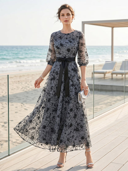 Robe Mère de la Mariée Trapèze/Princesse Encolure Arrondie à Manches Courtes Longueur Cheville avec Dentelle et Broderie