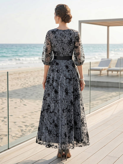 Robe Mère de la Mariée Trapèze/Princesse Encolure Arrondie à Manches Courtes Longueur Cheville avec Dentelle et Broderie