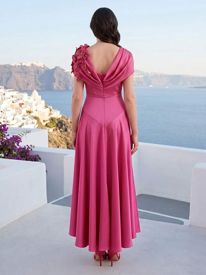 Robe Mère de la Mariée Trapèze/Princesse Encolure Arrondie à Manches Courtes Longueur Mi-mollet avec Motif Floral en 3D et Plis
