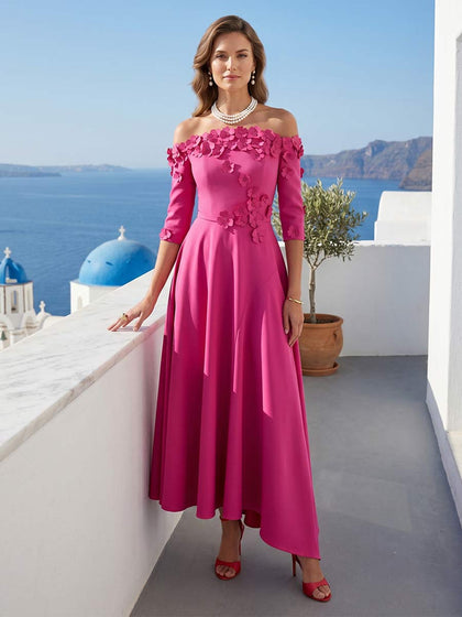 Robe Mère de la Mariée Trapèze/Princesse À Épaules Dénudées à Manches 3/4 Asymétrique avec Motif Floral en 3D