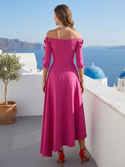 Robe Mère de la Mariée Trapèze/Princesse À Épaules Dénudées à Manches 3/4 Asymétrique avec Motif Floral en 3D