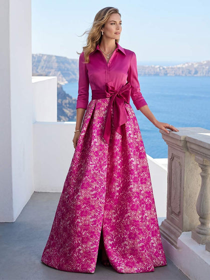 Robe Mère de la Mariée Trapèze/Princesse Col Chemise à Manches 3/4 Longueur Sol avec Nœud et Motif Floral