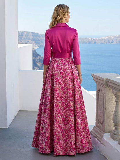 Robe Mère de la Mariée Trapèze/Princesse Col Chemise à Manches 3/4 Longueur Sol avec Nœud et Motif Floral