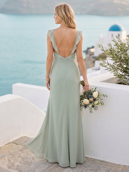 Robe de Demoiselle d'Honneur Fourreau/Colonne Encolure en Cœur Sans Manches avec Fente Latérale et Volants