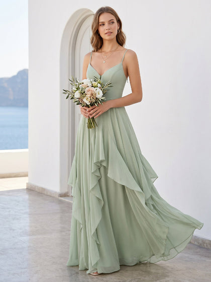 Robe de Demoiselle d'Honneur Trapèze/Princesse à Bretelles Fines Sans Manches Longueur Sol à Volants