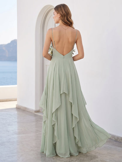 Robe de Demoiselle d'Honneur Trapèze/Princesse à Bretelles Fines Sans Manches Longueur Sol à Volants