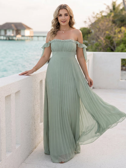 Robe de Demoiselle d'Honneur Grande Taille Ligne A/Princesse, Épaules Dénudées, Longueur Sol à Volants & Plis